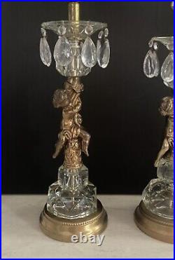 Vintage Pair Cherub Glass Table Lamps Hollywood Regency Brass Gold Glam Antique
