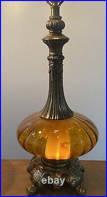 Vintage Pair MCM Amber Glass Globe Table Lamps Light Hollywood Regency 60s Retro