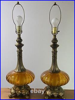 Vintage Pair MCM Amber Glass Globe Table Lamps Light Hollywood Regency 60s Retro