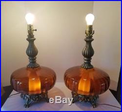 Vintage Pair Of Retro Amber Glass Table Lamps Light Mid Century Hand Blown Glass