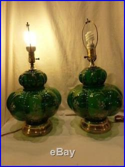Vintage Pair Set Of 2 Living Room Table Lamps Green Urn Body Floral Brass $525