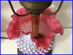 Vintage Pair of Fenton Hobnail Cranberry Opalescent Glass Brass Table Lamps