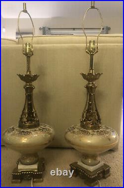 Vintage Pair of Hollywood Regency Lamps Brass Glass Gold & White Hand Painted