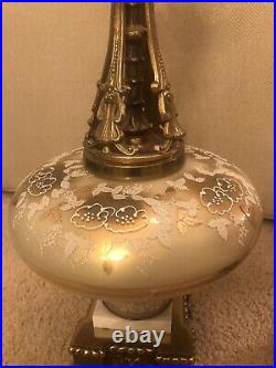 Vintage Pair of Hollywood Regency Lamps Brass Glass Gold & White Hand Painted