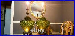 Vintage Pair of MCM Hollywood Regency 3-Way Switch Lamps with Green Glass. RARE