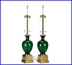 Vintage Pair of Marbro Emerald Green Italian Glass Table Lamps withOriginal Shades