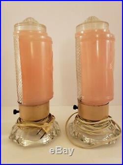 Vintage Pair of Mid Century Pink Glass Atomic Rocket Phallic Boudoir Table Lamps
