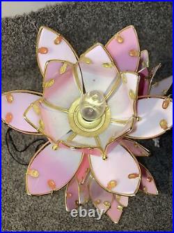 Vintage Postmodern Regency Touch Pink Lotus Flower Brass & Glass 23 Table Lamp