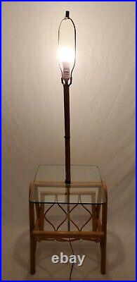Vintage Rattan Table Floor Lamp With Glass Top Magazine Rack Boho Mid-Century