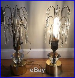 Vintage Set Of 2 Art Deco Waterfall Boudoir Lamps With Crystal Glass Prisms
