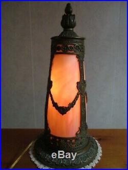 Vintage Slag Glass Small Table Lamp Antique Carmel Color Art Nouveau
