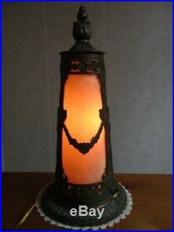 Vintage Slag Glass Small Table Lamp Antique Carmel Color Art Nouveau