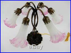 Vintage Tiffany Lilly Pad Pond Lamp Light Stained Art Glass Pink Tulip Shades