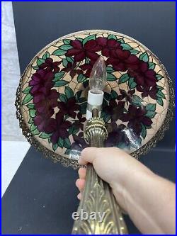 Vintage Tiffany Style Red Rose Decorative MCM Glass Table Lamp Marked GIM 1971