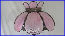 Vintage Tiffany Style Slag Tulip Stained Glass Shade on Ornate Metal Base Lamp