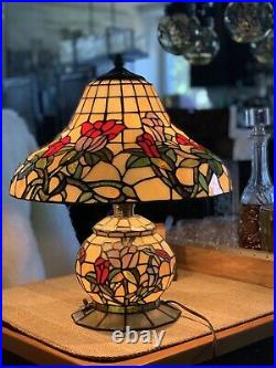Vintage Tiffany Style Stained Glass Double Lighted Table Lamp