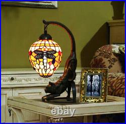 Vintage Tiffany Style Stained Glass Red Dragonfly Cat Table Lamp Desk Light Gift