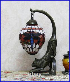 Vintage Tiffany Style Stained Glass Red Dragonfly Cat Table Lamp Desk Light Gift
