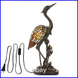 Vintage Tiffany Style Stained Glass Single Crane Plug in Table Lamp Desk Light