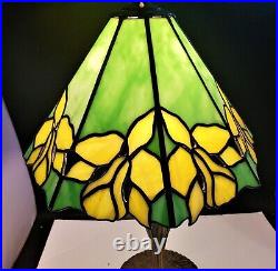 Vintage Tiffany Style-Stained Glass Table Lamp Floral Motif with Brass Tree Base