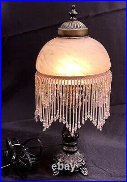 Vintage Underwriters Laboratories Pink Swirl Milk Glass Beaded Fringe Table Lamp
