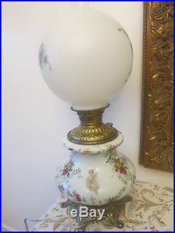 Vintage/antique Painted Milk Glass Gwtw Banquet Lamp 25 Roses Cherubs Angels