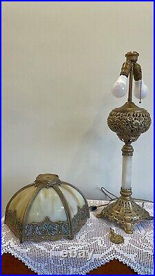 Vintage curved Slag Glass pannels Boudoir Ornate Floral brass Table Top Lamp
