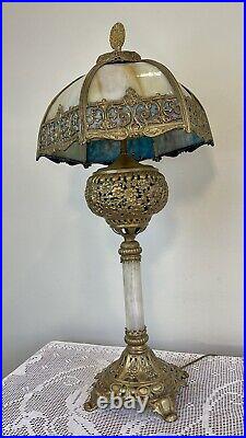 Vintage curved Slag Glass pannels Boudoir Ornate Floral brass Table Top Lamp