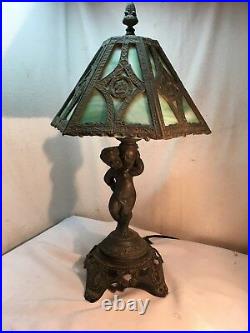 Vintage lead & Slag Glass Lamp Art Nouveau Tiffany Style Table Light Cherub