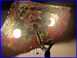 VintageTiffany Style Poinsettia Flower Table Lamp Art Stained Glass 25Tall