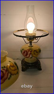 Vtg Hurricane Glass Table Lamp Yellow Roses Farmhouse Cottage