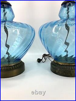 Vtg Large Pair Mid Century Blue Glass Bubble Table Lamps Hollywood Regency