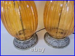 Vtg MCM Ribbed Amber Glass Table Lamp Set Of 2 Leviton Hollywood Regency Retro