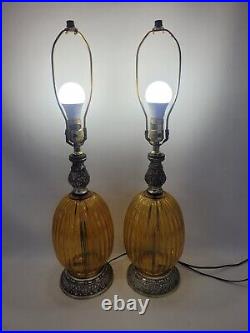 Vtg MCM Ribbed Amber Glass Table Lamp Set Of 2 Leviton Hollywood Regency Retro