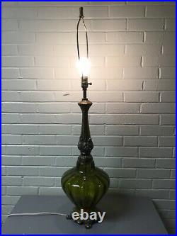 Vtg MID Century Green Glass Brass Tall Table Lamp Hollywood Regency Working 41