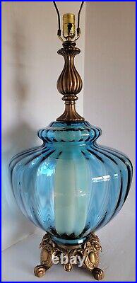 Vtg Mid Century Blue Optical Glass & Brass Hollywood Regency Lamp XL