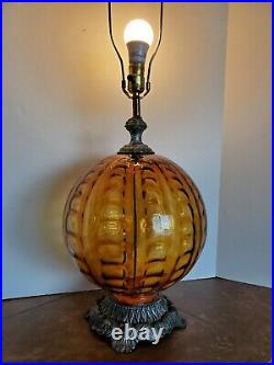 Vtg Mid Century Modern Amber Optic Glass Globe Table Lamp Hollywood