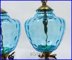 Vtg Mid Century Modern Blue Coin Glass Murano Table Lamps Hollywood Regency Gold