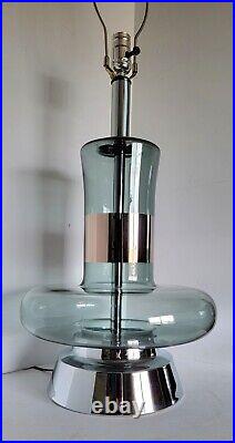 Vtg Mid Century Modern Handblown Smoky Blue Glass Saucer Table Lamp Chrome