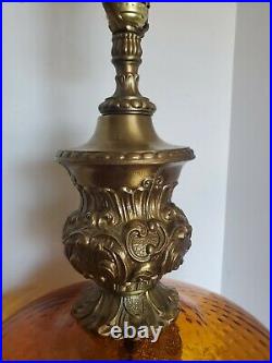 Vtg Mid Century Modern Hollywood Regency Optical Amber Glass & Brass Lamp 33