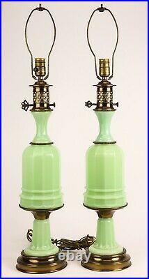Vtg Mid Century Paul Hanson Opaline Green Glass Jadeite Lamps Hollywood Regency