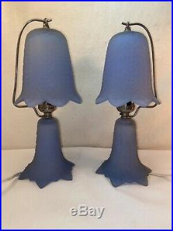 Vtg Pair 1940-50s Periwinkle Blue Glass Base & Hanging Shade Boudoir Table Lamp
