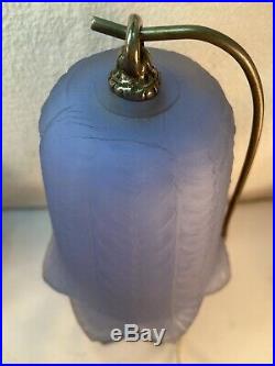 Vtg Pair 1940-50s Periwinkle Blue Glass Base & Hanging Shade Boudoir Table Lamp