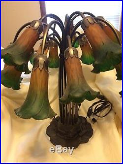 Vtg Tiffany Style Large Table Lamp 15 Light Lily Stained Blown Art Glass Shades