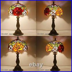 WERFACTORY Tiffany Style Table Lamp Bedside Stained Glass Lamp Red Rose Antiq