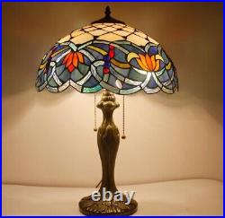 WERFACTORY Tiffany Table Lamp Stained Glass Style Blue Lotus 16X16X24 Inches