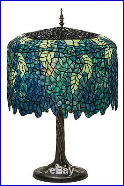 WISTERIA TIFFANY STYLE Stained Glass Table Lamp 28H TEAL FLOWING FLOWERS