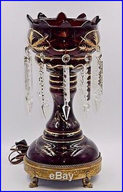 WORKS! VINTAGE RUBY RED GLASS With CRYSTAL PRISMS & BRASS BASE 16 ELECTRIC LAMP