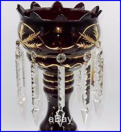 WORKS! VINTAGE RUBY RED GLASS With CRYSTAL PRISMS & BRASS BASE 16 ELECTRIC LAMP