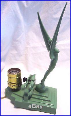 Waldorf Astoria art deco Nymph with wings lamp greenie all metal & glass USA